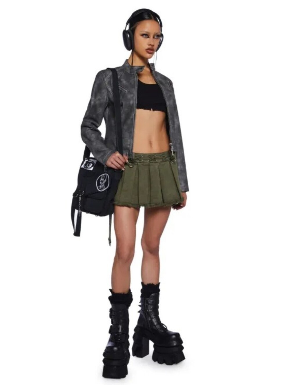 Darker Wavs Sold Out Olive Distressed Utility Pleated Mini Skirt Size L - Picture 4 of 8
